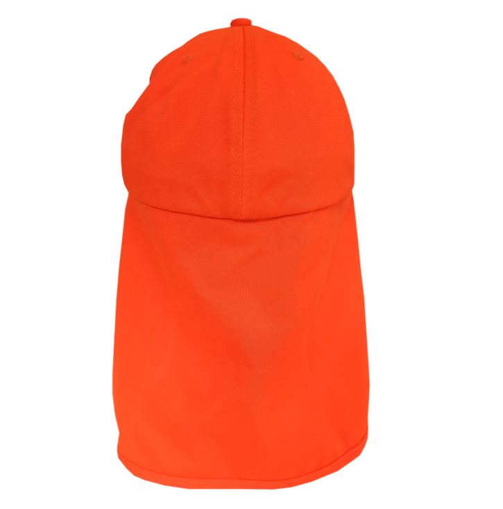 Gorra transpirable con cubrenucas Simloc, color naranja alta visibilidad, protección solar UPF50+ según norma DIN EN 13758-1