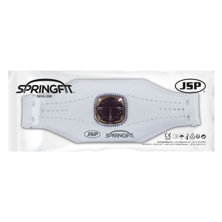 Mascarilla JSP Springfit 425 FFP2 con válvula Typhoon, endoesqueleto para conservar la forma.