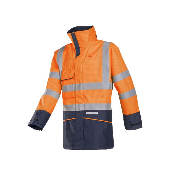 Parka Sioen Hedland ignífuga antiestática alta visibilidad, impermeable y transpirable, protección productos químicos.