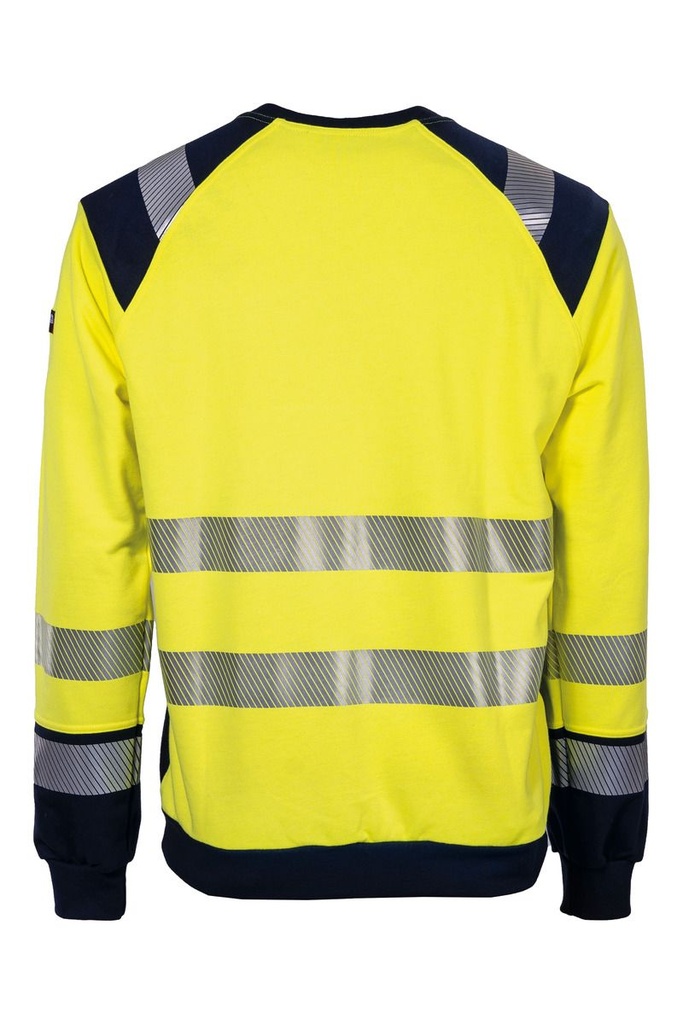 Sudadera Tranemo 508589 inherentemente ignífuga, de alta visibilidad, con cuello redondo y 50% de algodón reciclado, bandas segmentadas. Sin PFAS.
