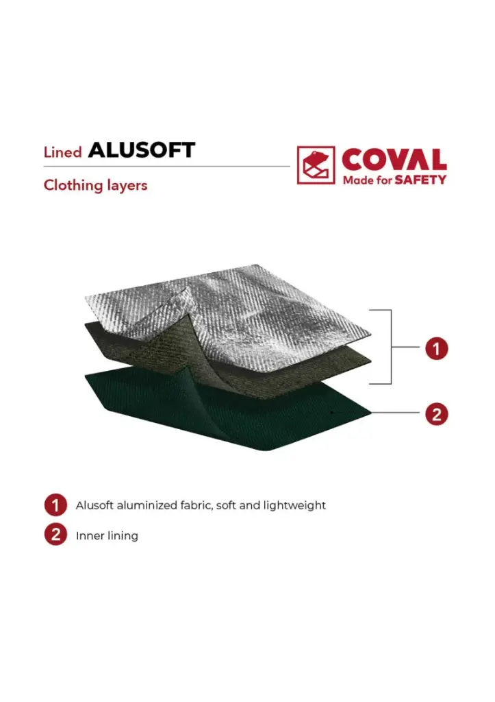 Chaqueta aluminizada Coval V3TCKAF de la línea AluSoft con interior de algodón retardante de la llama para mayor protección al calor, ligera y flexible gracias a su interior de aramida/carbono, cuello alto y cierre de velcro y botones de presión, EN ISO 11612:2015 A1+A2 B1 C3 D3 E3 F1