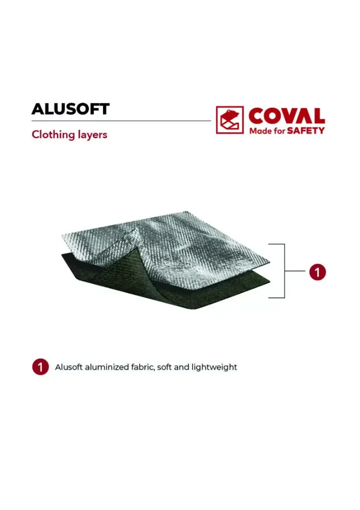 Chaqueta aluminizada Coval AluSoft, ligera y flexible gracias a su interior de aramida/carbono, cuello alto y cierre de velcro y botones de presión, EN ISO 11612:2015 A1 B1 C3 D3 E3