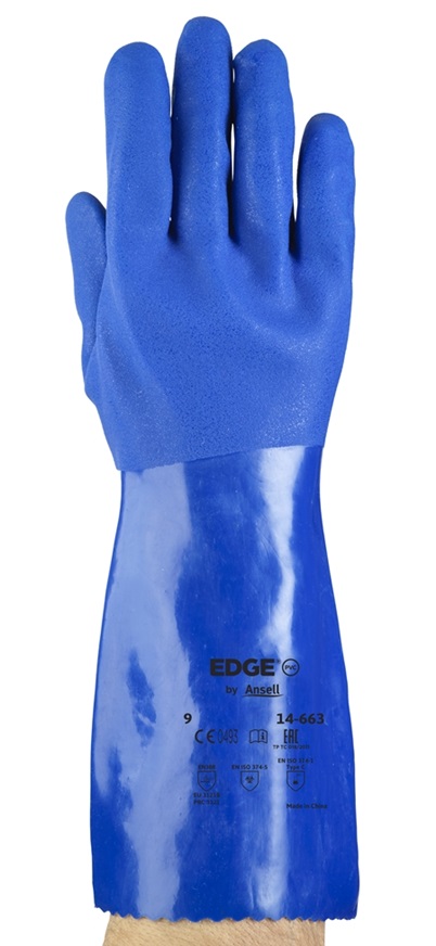 ​​​​​​Guante de pvc azul Ansell Edge 14-663, 36 cm.