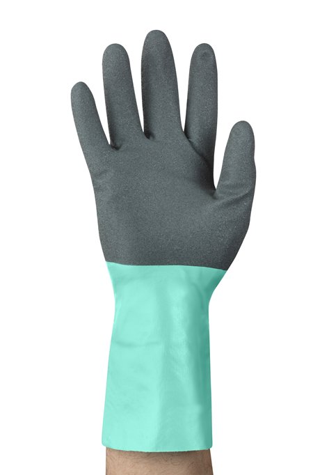 Guante Ansell Alphatec 58-128, protección química con máxima destreza, certificado de ergonomía, nitrilo elástico grip technology sobre soporte textil de trama abierta, 28 cm.