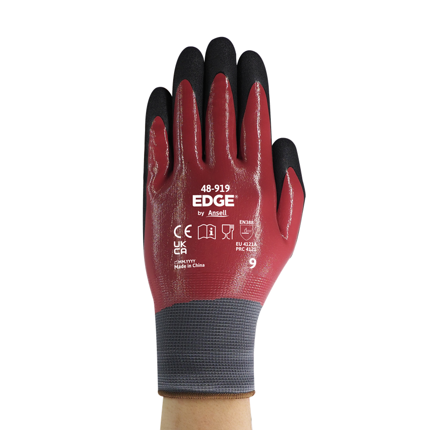 Guante Ansell Edge 48-919 con doble recubrimiento de nitrilo sobre forro sin costuras galga 15, resistencia a la abrasión y los aceites