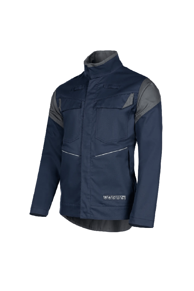 Cazadora de trabajo Sioen Sedna,  ignífuga y antiestática, soldadura clase 2, protección arco eléctrico APC2 - ELIM 25 cal/cm², 450 gr/m², cierre cremallera bajo solapa, azul marino/gris antracita