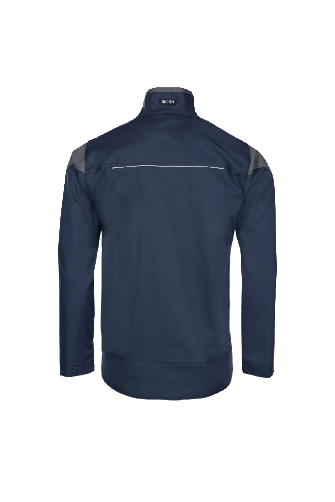 Cazadora de trabajo Sioen Sedna,  ignífuga y antiestática, soldadura clase 2, protección arco eléctrico APC2 - ELIM 25 cal/cm², 450 gr/m², cierre cremallera bajo solapa, azul marino/gris antracita