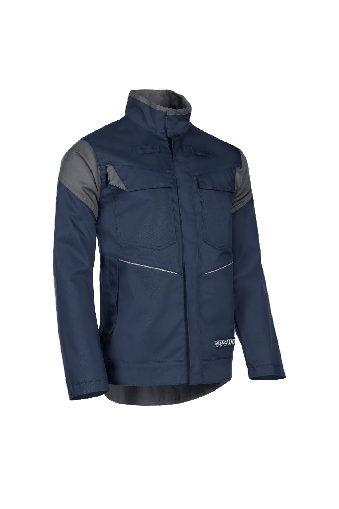 Cazadora de trabajo Sioen Sedna,  ignífuga y antiestática, soldadura clase 2, protección arco eléctrico APC2 - ELIM 25 cal/cm², 450 gr/m², cierre cremallera bajo solapa, azul marino/gris antracita