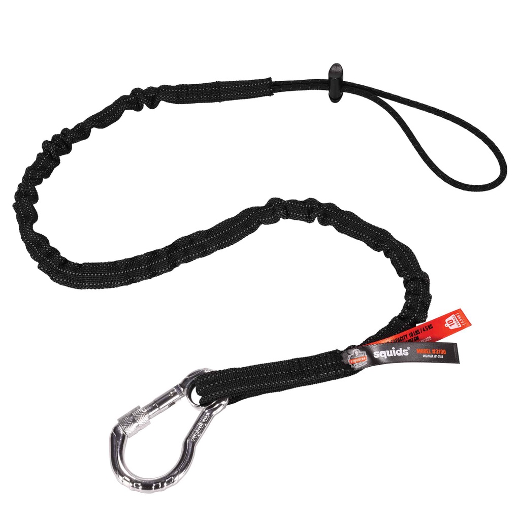 Cuerda portaherramientas Ergodyne Squids 3100 con mosquetón y lazo de cincha, longitud en reposo 89-107 cm, extendido 106-137 cm.