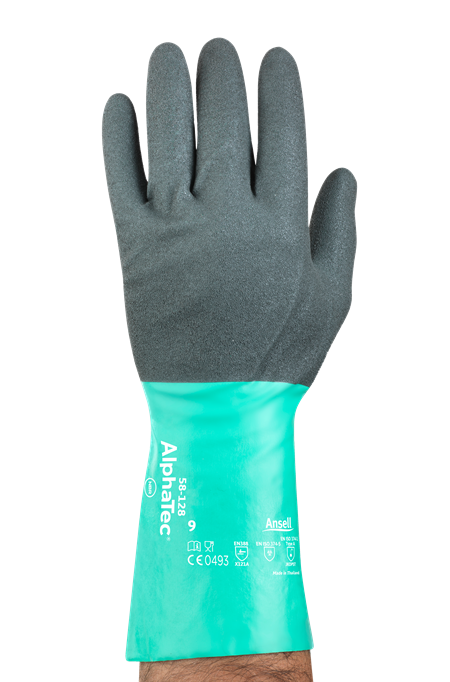 Ansell Alphatec 58-128 glove, chemical protection with maximum dexterity, ergonomics certificate, elastic nitrile grip technology on an open weave textile support, 28 cm.