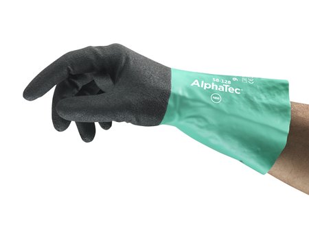 Guant Ansell Alphatec 58-128, protecció química amb màxima destresa, certificat d'ergonomia, nitril elàstic grip technology sobre suport tèxtil de trama oberta, 28 cm.