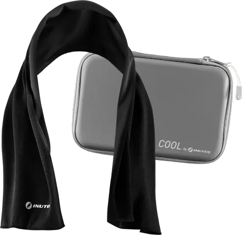 Toalla refrescante evaporativa Inuteq BODY COOLING TOWEL+, tecnología QCK, refrescante cuando está húmeda, uso como toalla estándar en seco. Estuche incluido.