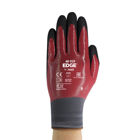 Guante Ansell Edge 48-919 con doble recubrimiento de nitrilo sobre forro sin costuras galga 15, resistencia a la abrasión y los aceites.