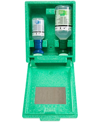 Estación lavaojos PLUM 4789 estanca con 1 botella de 500 ml. de solución salina y 1 botella de 200 ml. de solución pH neutro para productos químicos