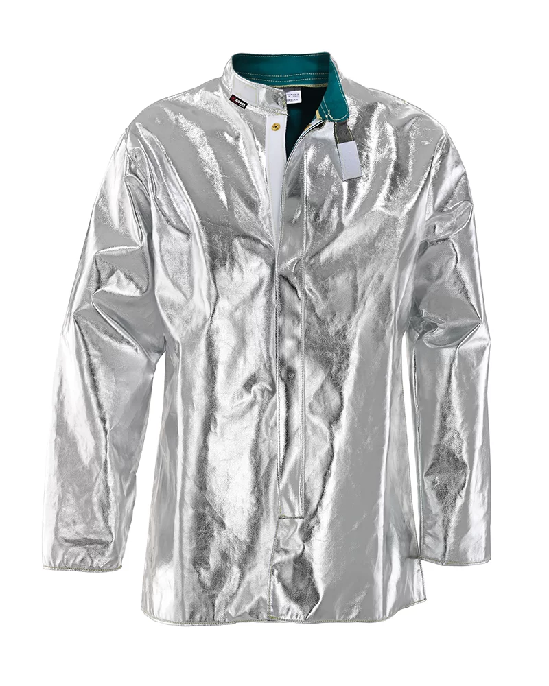 Chaqueta aluminizada Coval V3TCKAF de la línea AluSoft con interior de algodón retardante de la llama para mayor protección al calor, ligera y flexible gracias a su interior de aramida/carbono, cuello alto y cierre de velcro y botones de presión, EN ISO 11612:2015 A1+A2 B1 C3 D3 E3 F1