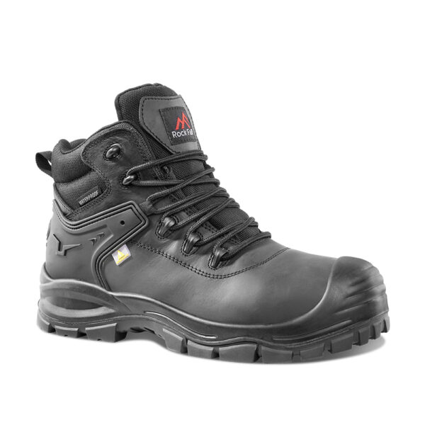 Bota de seguretat contra riscos elèctrics, amb membrana impermeable, suport del turmell i horma ampla RockFall RF910 Surge, tall en cuir encerat repel·lent a l'aigua, certificat per LWG