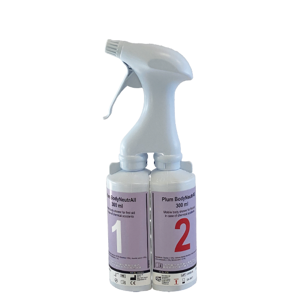 Plum BodyNeutrAll 600 ml – Kit de Descontaminación Química (2x300 ml + Pulverizador). Neutralizador para Ácidos, Bases y Ácido Fluorhídrico