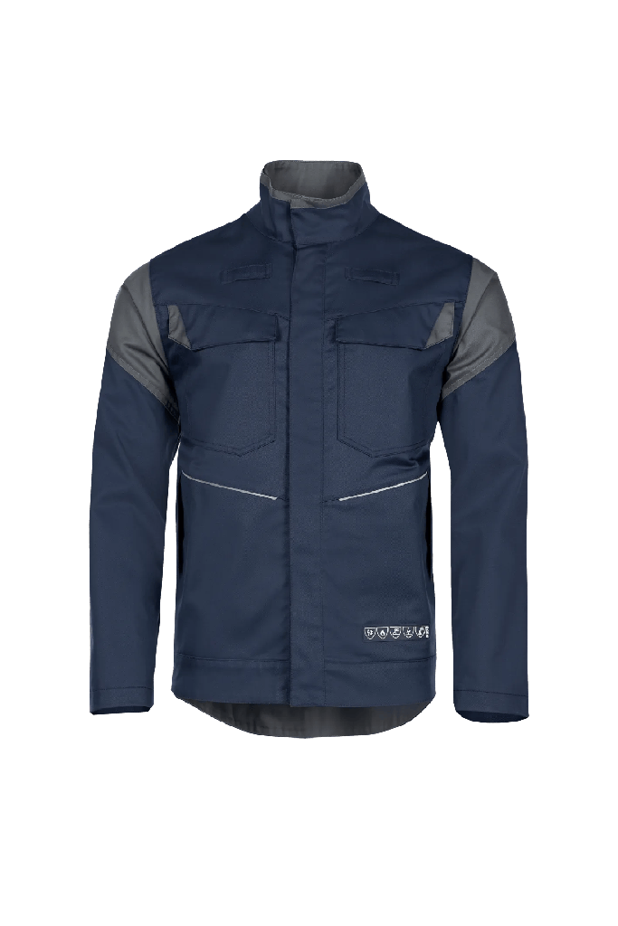 Caçadora de treball Sioen Sedna, ignífuga i antiestàtica, soldadura classe 2, protecció arc elèctric APC2 - ELIM 25 calç/cm², 450 gr/m², tancament cremallera sota solapa, blau marí/gris antracita
