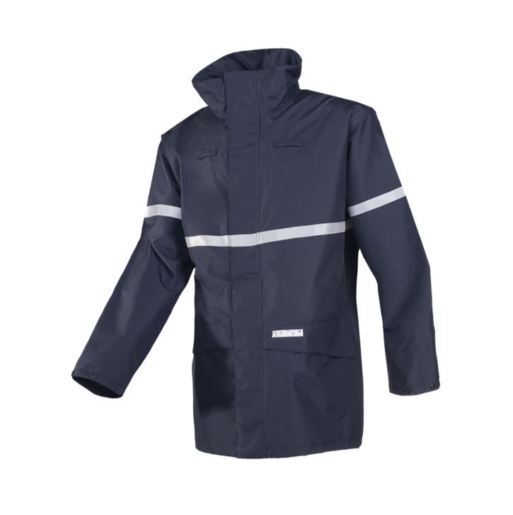 Chaqueta impermeable Sioen Ridley ignífuga antiestática, azul marino con banda reflex,impermeable, forro interno algodón retardante.