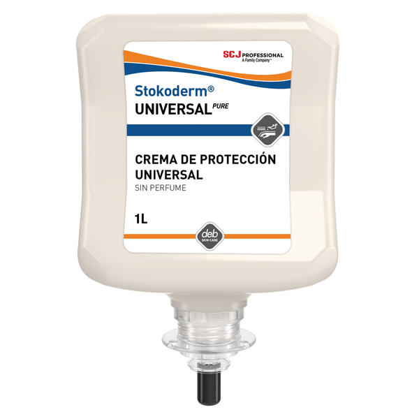 Crema protectora SC Johnson Stokoderm Universal Pure, mejora el agarre, compatible con guantes, cartucho de 1 litro.