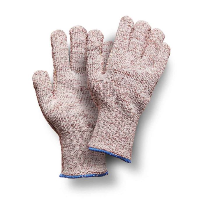 Guante tricotado en rizo marrón y blanco, anticalórico (250ºC) y anticorte nivel 3, refuerzo con costura entre pulgar e índice.