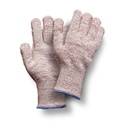Guante tricotado en rizo marrón y blanco, anticalórico (250ºC) y anticorte nivel 3, refuerzo con costura entre pulgar e índice.
