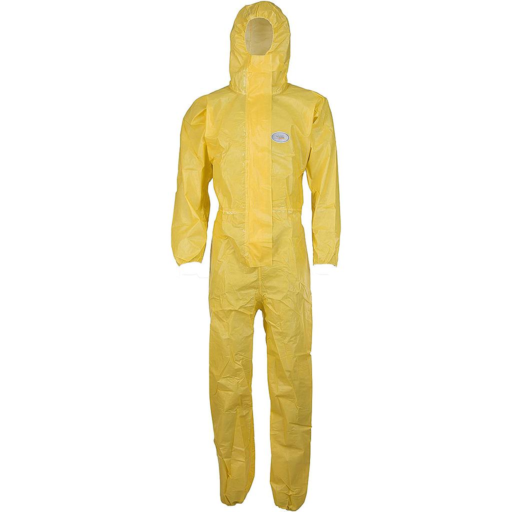 Buzo protección química desechable Asatex CC200 tipo 3B, 4, 5 y 6, EN1149, EN14126,  cierre cremallera y solapa velcro, amarillo.