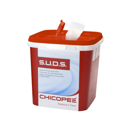 Paño para preimpregnar Chicopee SUDS Multipurpose. Kit formado por 1 cubo dispensador y 6 bobinas de 110 paños medidas 25x30 cm.