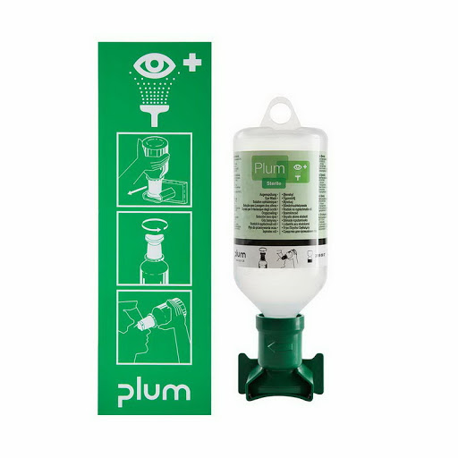 Estación lavaojos de pared abierta PLUM 4611 con 1 botella de 500ml solución salina