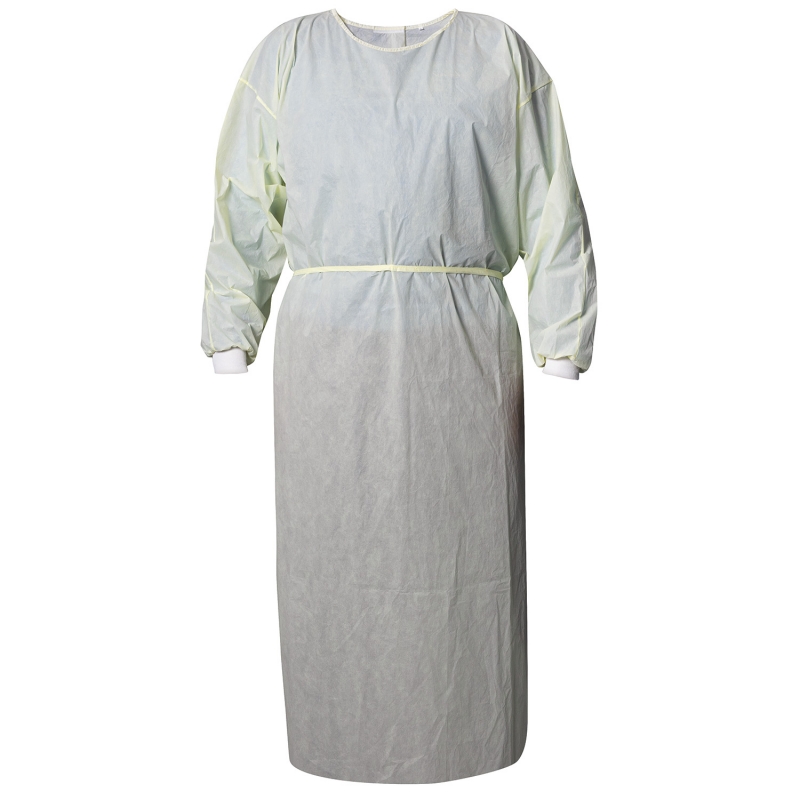 Bata d'un sol ús quirúrgica per a riscos biològics EN14126. 50 gr/m2, punys elàstics, talla única, color groc.