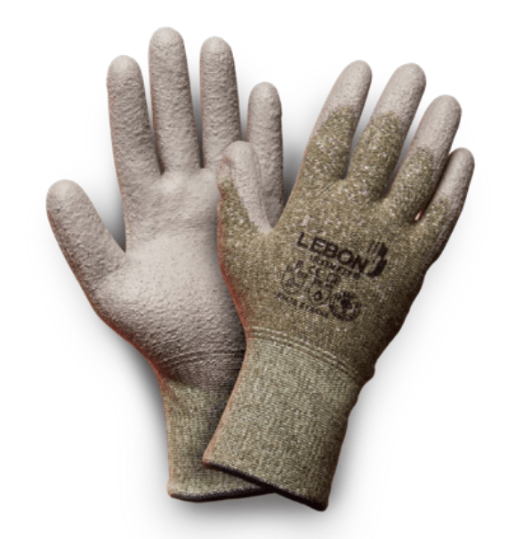 Guante Lebon Ironfit, Clean PU gris sobre hilo de polietileno de alta densidad, acero y para aramida, corte nivel E, calor de contacto 1.