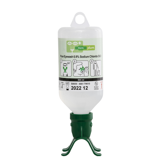 Botella lavaojos para partículas Plum DUO, 500 ml. de solución salina 0,9%