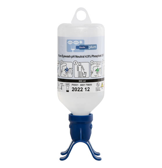 Botella lavaojos para productos químicos Plum DUO 4801, 500 ml. de solución pH neutro