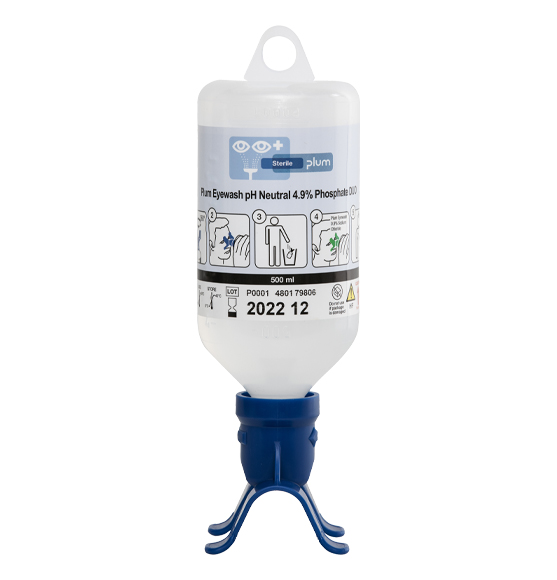 Botella lavaojos para productos químicos Plum DUO, 500 ml. de solución pH neutro