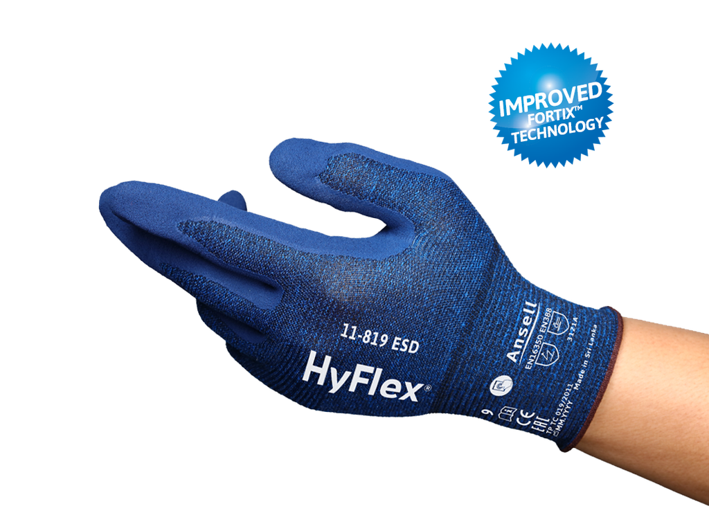 ​​​​Guante Ansell Hyflex 11-819 ESD, recubrimiento ultrafino de espuma de nitrilo Fortix, válido para pantallas táctiles, electrónica y entornos ATEX.