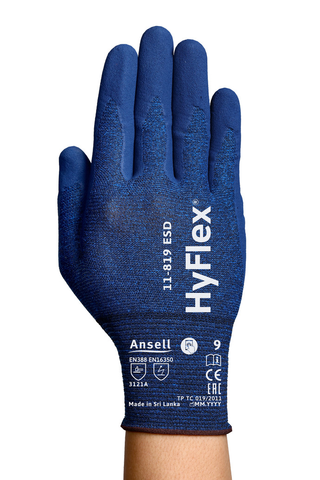 Guante Ansell Hyflex 11-819 ESD, gran sensibilidad gracias a su forro galga 18 y el recubrimiento ultrafino de espuma de nitrilo Fortix, válido para pantallas táctiles, electrónica y entornos ATEX.