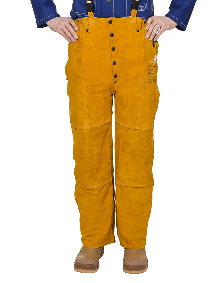 ​Pantalón para soldadura Weldas 44-2600 Golden Brown™ en cuero serraje vacuno, con tirantes y bolsillos