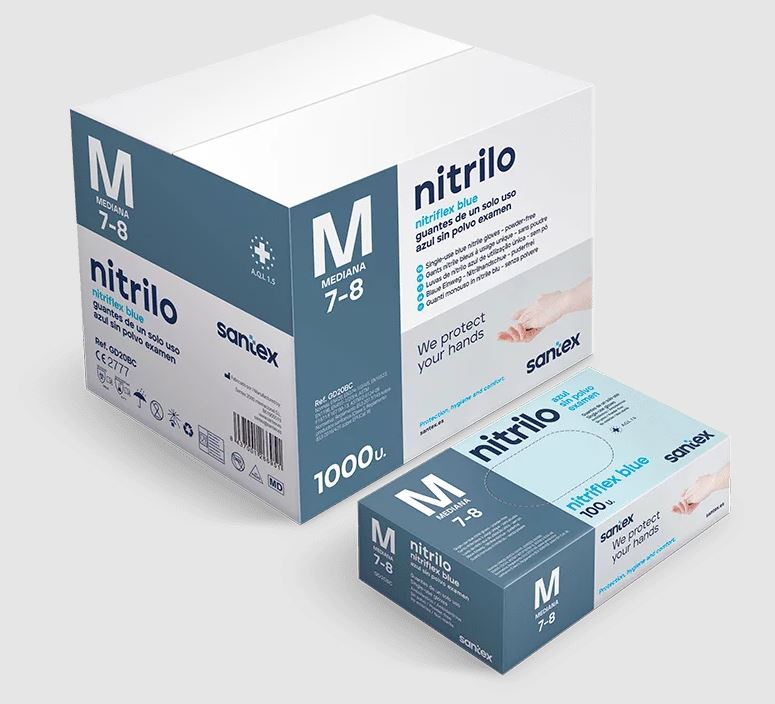 Guantes de nitrilo azul sin polvo Santex GD20 Nitriflex, 3,5 gramos.