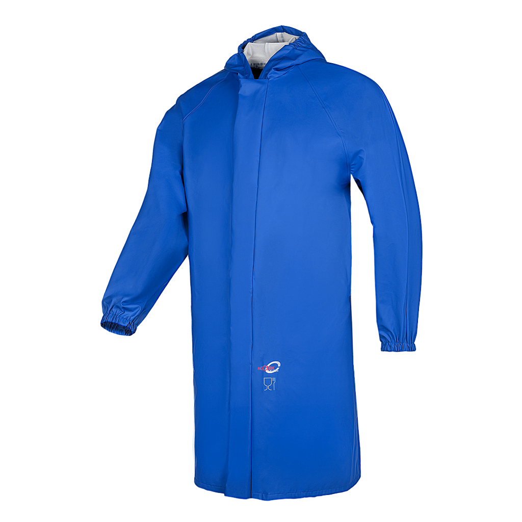 Bata amb caputxa Sioen Rigi, impermeable, certificació alimentària i cingles biològics, botons a pressió sota solapa, rendibles a 95 °C.