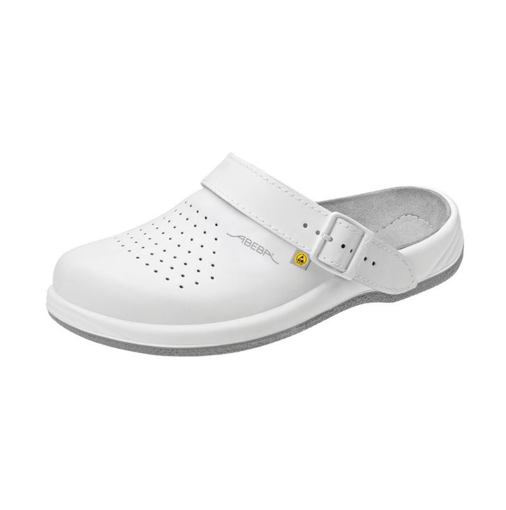 Zueco ocupacional ESD Abeba, serie Arrow, piel blanca perforada, tira trasera ajustable, OB, A, FO, SRA