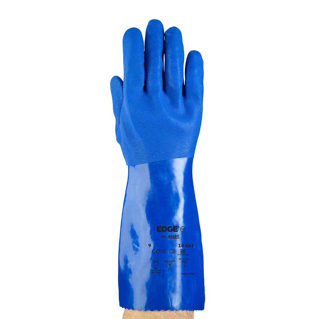 ​​​​​​Guante de pvc azul Ansell Edge 14-663, 36 cm.