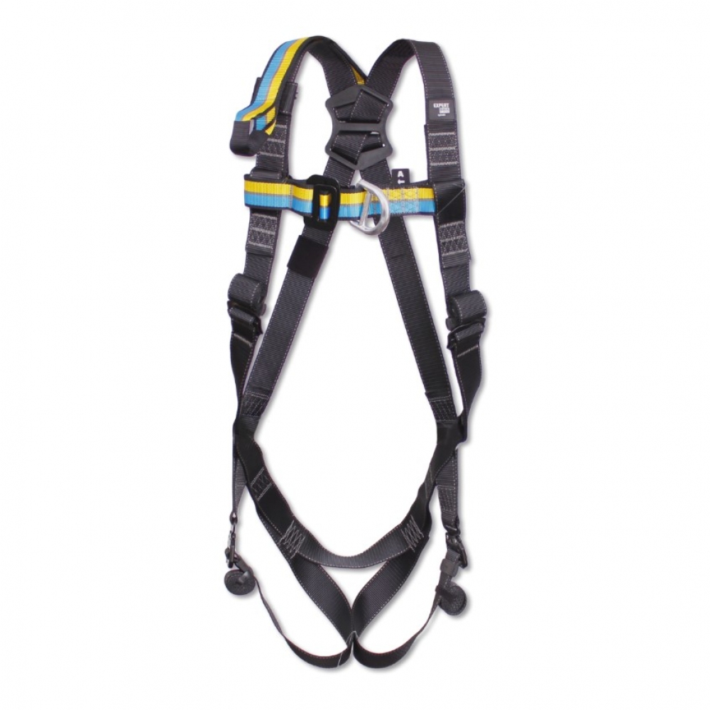 Arnés anticaídas Irudek Expert pro 50 con 1 punto de anclaje dorsal y cinta de extensión + 1 punto de anclaje esternal. Regulable en hombros y muslos. Cinta pectoral, cinta elástica en hombros y cinta pélvica. Anillas de aluminio forjado.