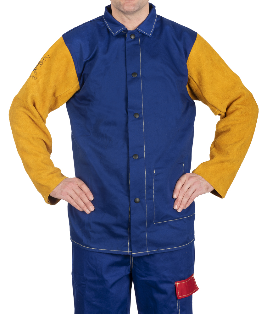 ​Chaqueta Weldas 33-3060 Yellowjacket® azul algodón ignífuga con mangas en cuero serraje vacuno. EN ISO 11611:2015 Class 1/A1+A2