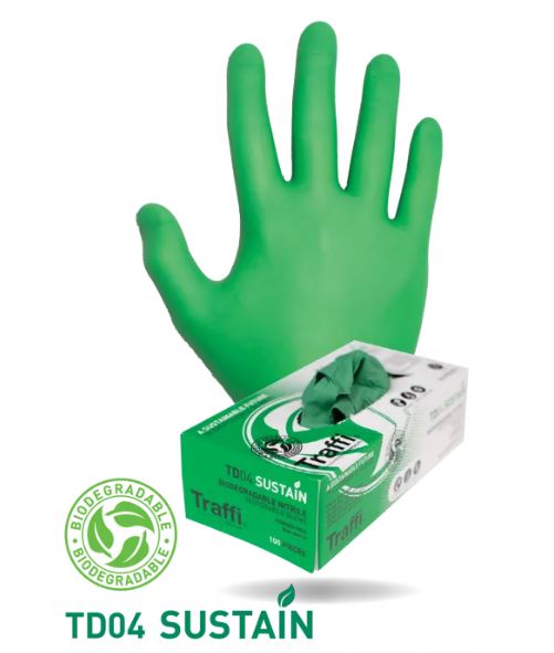 Guantes de nitrilo desechables biodegradables Traffi TD04, color verde 6,2 gramos, certificado de biodegradabilidad ASTM D5526