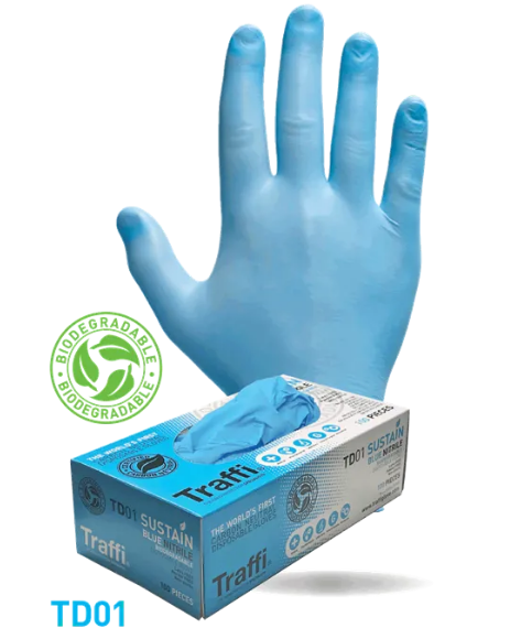 Guante de nitrilo desechable biodegradable Traffi TD01, color azul, 3.5 gramos, certificado huella de carbono neutro.