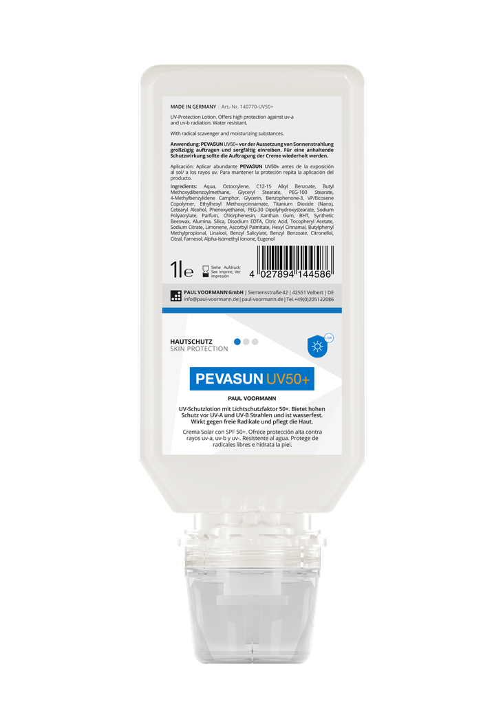 [PEVASUN1L] Crema de protección solar Pevasun UV50+ / UV-B / UV-C envase blando para dosificador, 1 litro.