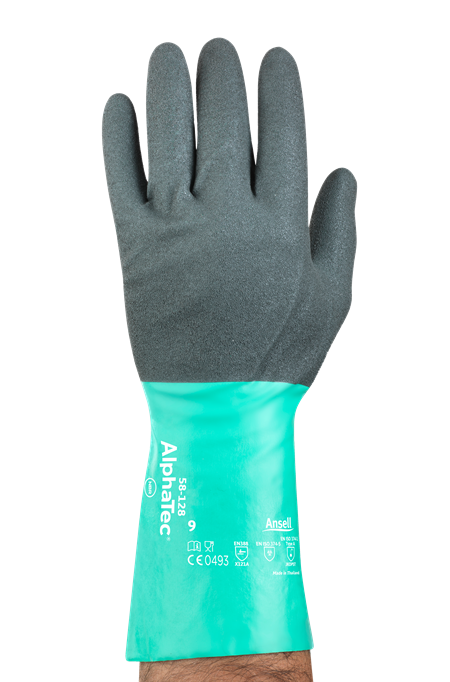 Guant Ansell Alphatec 58-128, protecció química amb màxima destresa, certificat d'ergonomia, nitril elàstic grip technology sobre suport tèxtil de trama oberta, 28 cm.