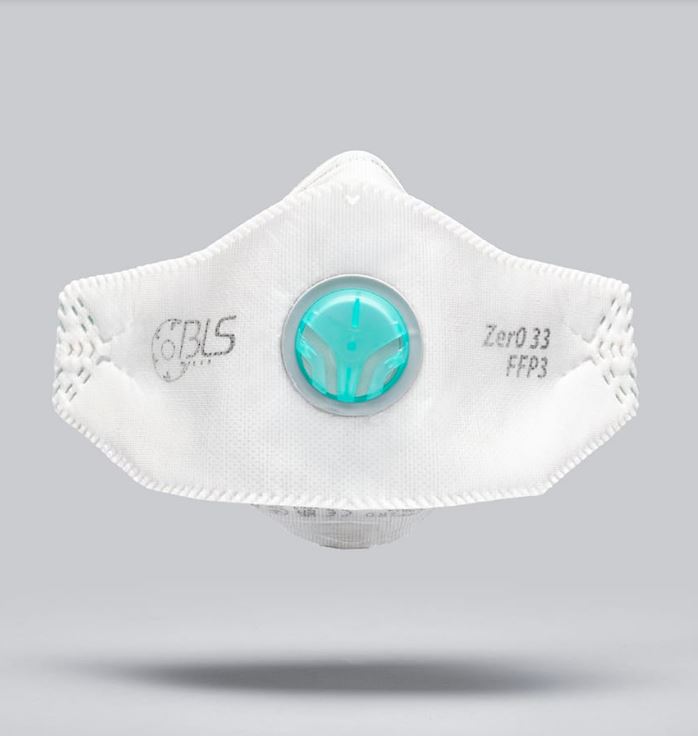 Mascarilla FFP3 plegable amb vàlvula BLS Zer0 033 Flat, tres solapes de alta protecció i baixa resistència respiratòria amb làmina protectora