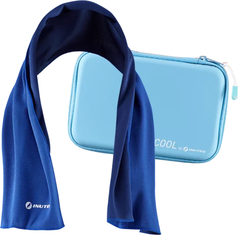 Tovallola refrescant evaporativa Inuteq BODY COOLING TOWEL+, tecnologia QCK, refrescant quan està humida, ús com a tovallola estàndard en sec. Estoig inclòs.