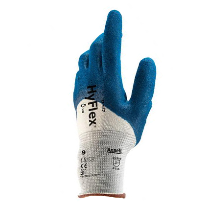  Guante Ansell 11-917 de nylon con baño de nitrilo rugoso azul en palma y 3/4 dorso.